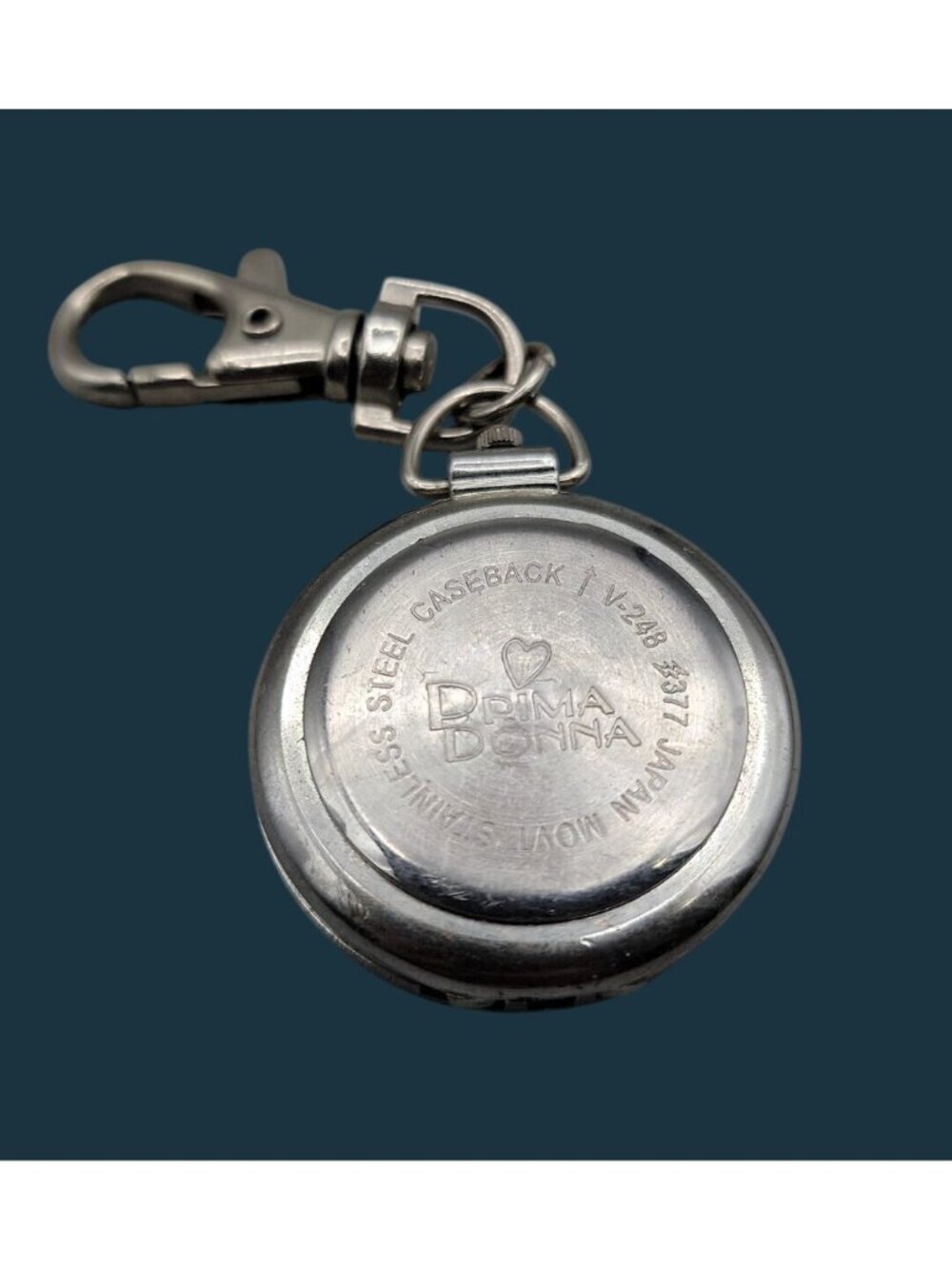 Vtg Prima Donna Keychain Pocket Watch Clip On Rainbow Smiley Face Charm Quartz - Picture 5 of 5